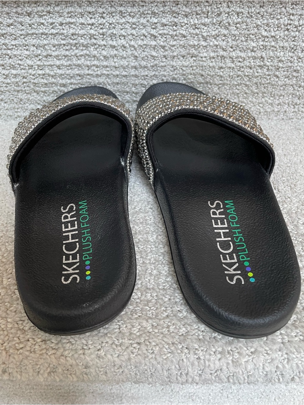 Skechers Black Cali Pop Ups Comfort Foot Bed Bling Sparkle Slides Sandals - Picture 4 of 10